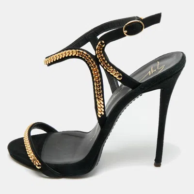 Pre-owned Giuseppe Zanotti Black Suede Coline Chain Link Ankle Strap Sandals Size 38