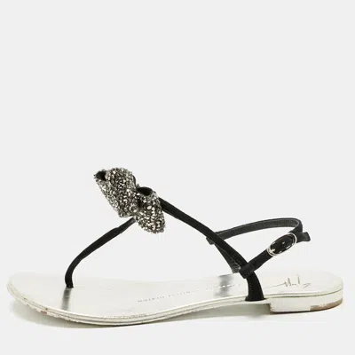 Giuseppe Zanotti Black Suede Crystal Bow Thong Flat Sandals In Multi