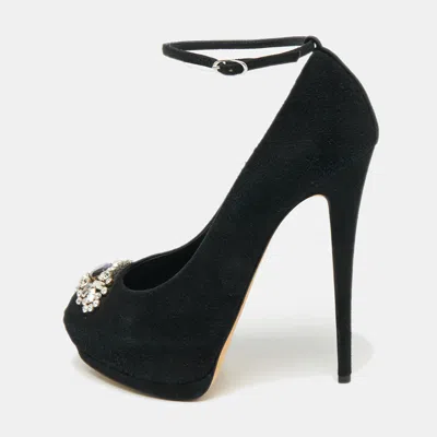 Pre-owned Giuseppe Zanotti Black Suede Crystal Embellished Ankle Strap Peep Toe Platform Pumps Size 40.5