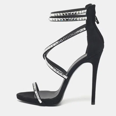 Pre-owned Giuseppe Zanotti Black Suede Crystal Embellished Ankle Strap Sandals Size 38