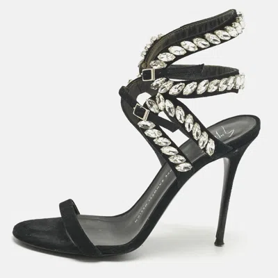 Pre-owned Giuseppe Zanotti Black Suede Crystal Embellished Ankle Strap Sandals Size 39