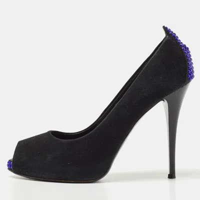 Pre-owned Giuseppe Zanotti Black Suede Crystal Embellished Peep Toe Pumps Size 37
