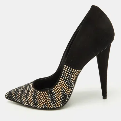 Pre-owned Giuseppe Zanotti Black Suede Crystal Embellished Pointed Toe Pumps Size 38
