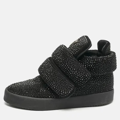 Pre-owned Giuseppe Zanotti Black Suede Crystal Embellished Puff Strap High Top Sneakers Size 42.5