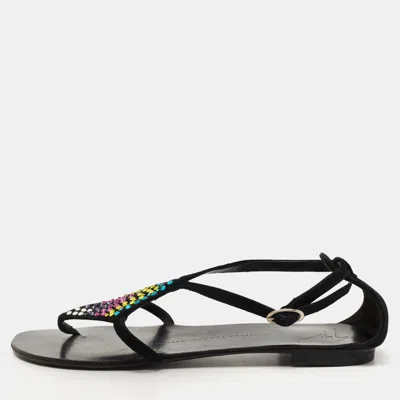 Pre-owned Giuseppe Zanotti Black Suede Crystal Embellished Thong Flat Sandals Size 36