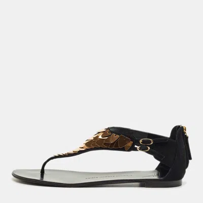 Pre-owned Giuseppe Zanotti Black Suede Crystal Embellished Thong Flats Size 40