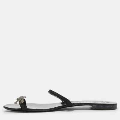 Pre-owned Giuseppe Zanotti Black Suede Crystal Skull Toe Ring Sandals Size 38