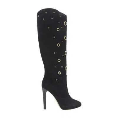 Pre-owned Giuseppe Zanotti Black Suede Gold Crystal Eyelet High Heel Tall Boots Eu37