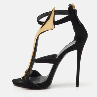 Pre-owned Giuseppe Zanotti Black Suede Metal Embellished Ankle Strap Sandals Size 38