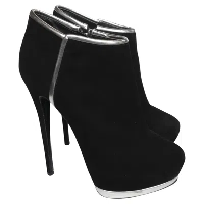 Pre-owned Giuseppe Zanotti Black Suede Silver Trim Booties Heels