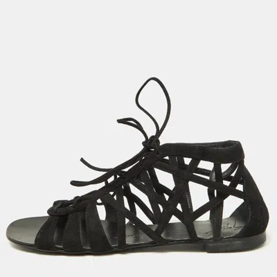 Pre-owned Giuseppe Zanotti Black Suede Strappy Lace Up Flat Sandals Size 38