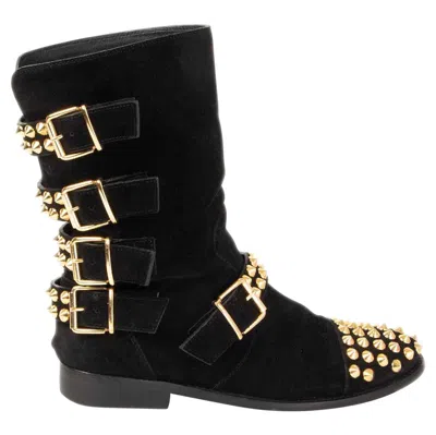 Pre-owned Giuseppe Zanotti Black Suede Studded Biker Flat Boots Shoes 38
