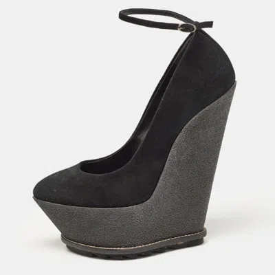 Pre-owned Giuseppe Zanotti Black Suede Wedge Platform Ankle Strap Pumps Size 39