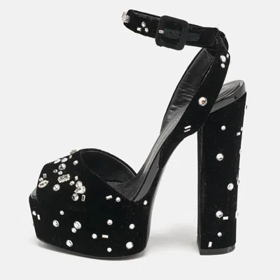 Giuseppe Zanotti Black Velvet Crystal Embellished Ankle Strap Platform Sandals