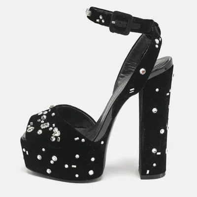 Pre-owned Giuseppe Zanotti Black Velvet Crystal Embellished Ankle Strap Platform Sandals Size 36
