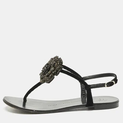 Pre-owned Giuseppe Zanotti Black Velvet Crystal Embellished Flower Flat Thong Sandals Size 36