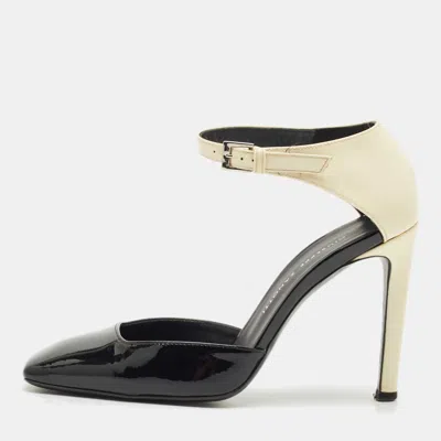 Pre-owned Giuseppe Zanotti Black/cream Patent Leather Leandra Ankle Strap Pumps Size 34 In White
