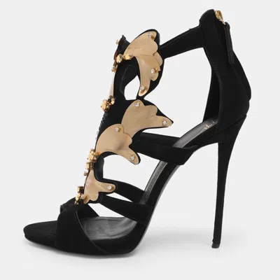Pre-owned Giuseppe Zanotti Black/gold Crystal Embellished Suede And Vinyl Strappy Sandals Size 41