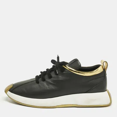 Pre-owned Giuseppe Zanotti Black/gold Leather And Patent Leather Ferox Low Top Sneakers Size 45