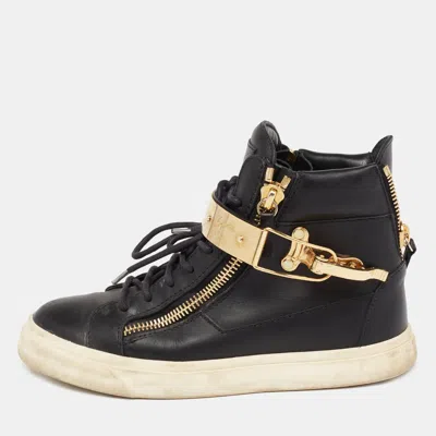 Pre-owned Giuseppe Zanotti Black/gold Leather Coby High Top Sneakers Size 37