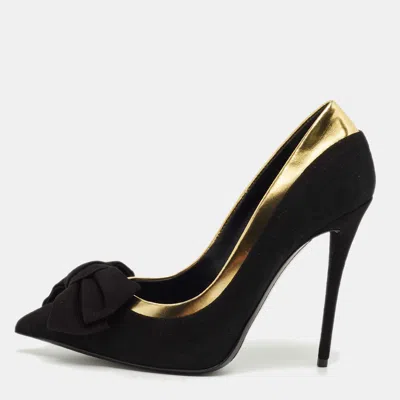 Pre-owned Giuseppe Zanotti Black/gold Suede And Leather Bow Pumps Size 37.5