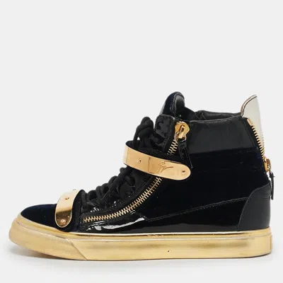 Pre-owned Giuseppe Zanotti Black/gold Velvet And Patent Leather Coby High Top Sneakers Size 39