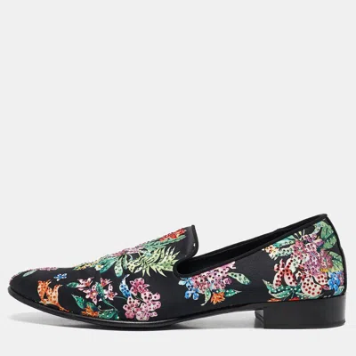 Pre-owned Giuseppe Zanotti Black/multicolor Floral Print Satin Crystals Smoking Slippers Size 41