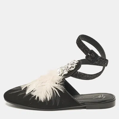 Pre-owned Giuseppe Zanotti Black/pink Feather And Suede Ankle Strap Mules Size 38