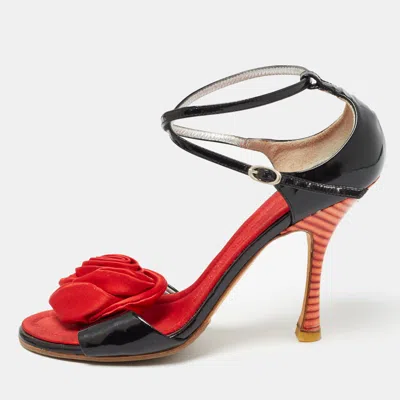 Pre-owned Giuseppe Zanotti Black/red Patent Leather And Satin Rose Applique Sandals Size 37.5