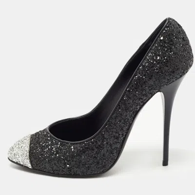Pre-owned Giuseppe Zanotti Black/silver Coarse Glitter Cap Toe Pumps Size 39