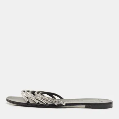 Pre-owned Giuseppe Zanotti Black/silver Crystal Embellished Leather Flat Slides Size 40