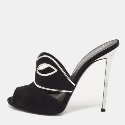 Giuseppe Zanotti Black/silver Suede And Leather Peep Toe Mules