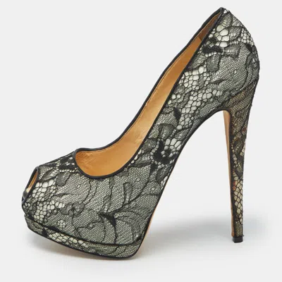 Giuseppe Zanotti Black/white Floral Lace Peep Toe Platform Pumps In Multi