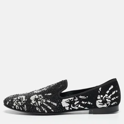 Giuseppe Zanotti Black/white Hand Print Suede Crystal Embellished Smoking Slippers In Multi