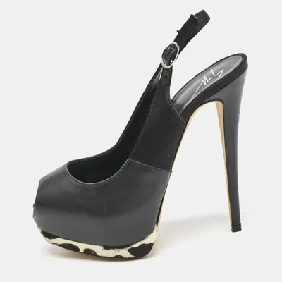 Pre-owned Giuseppe Zanotti Black/white Leather Peep Toe Slingback Pumps Size 35