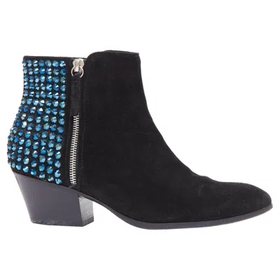 Pre-owned Giuseppe Zanotti Blue Crystal Encrusted Heel Black Suede Booties Eu38