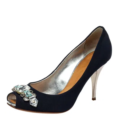 Pre-owned Giuseppe Zanotti Blue Fabric Embellished Peep Toe Pumps Size 38.5