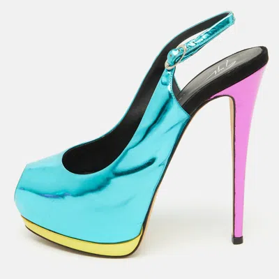 Giuseppe Zanotti Blue Leather Slingback Peep Toe Platform Pumps In Multi