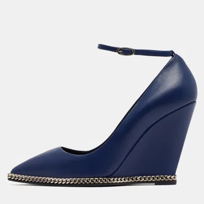 Pre-owned Giuseppe Zanotti Blue Leather Yvette Chain Wedge Pumps Size 37.5