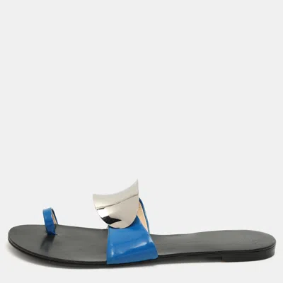 Pre-owned Giuseppe Zanotti Blue Patent Leather Toe Ring Flat Sandals Size 41