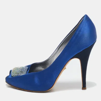 Giuseppe Zanotti Blue Satin Crystal Embellished Peep Toe Platform Pumps