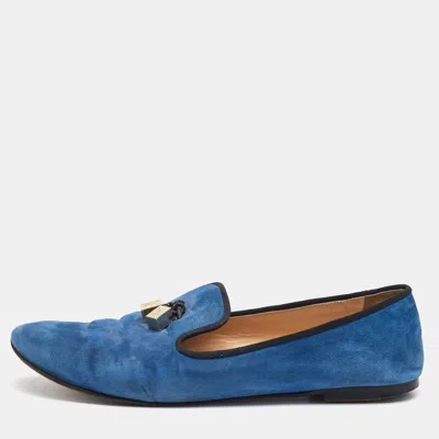 Pre-owned Giuseppe Zanotti Blue Suede Charm Smoking Slippers Size 41