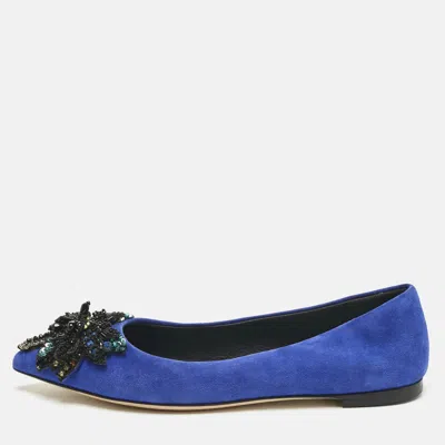 Giuseppe Zanotti Blue Suede Crystal Embellished Ballet Flats