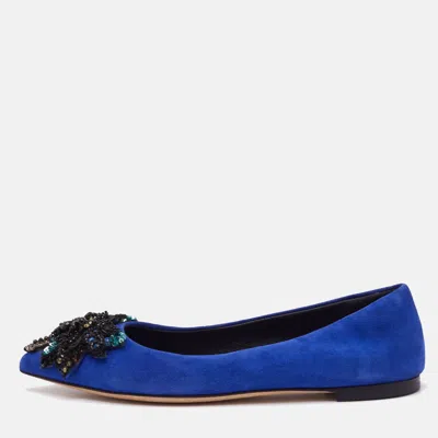 Pre-owned Giuseppe Zanotti Blue Suede Crystal Embellished Ballet Flats Size 36