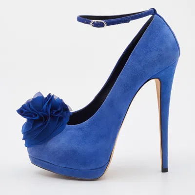 Giuseppe Zanotti Blue Suede Flower Applique Peep Toe Platform Ankle Strap Pumps
