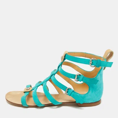 Pre-owned Giuseppe Zanotti Blue Suede Strappy Flat Sandals Size 38.5