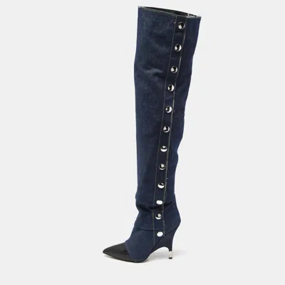 Pre-owned Giuseppe Zanotti Blue/black Denim And Patent Leather Over The Knee Length Boots Size 40