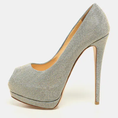 Pre-owned Giuseppe Zanotti Blue/gold Studded Denim Peep Toe Platform Pumps Size 38