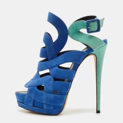 Pre-owned Giuseppe Zanotti Blue/green Suede Cutout Caged Strappy Platform Sandals Size 39