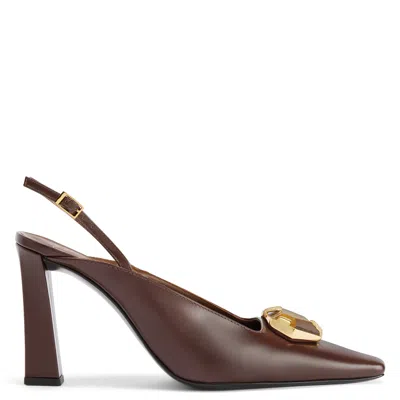 Giuseppe Zanotti Brendha Stone Square Toe Brooch Slingback Pumps In Brown